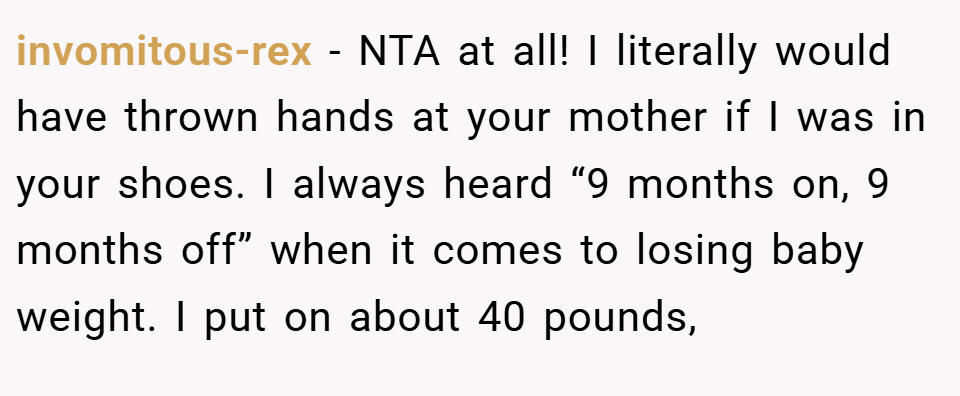 invomitous-rex − NTA at all! I literally would have thrown hands at your mother if I was in your shoes. I always heard “9 months on, 9 months off” when it comes to losing baby weight. I put on about 40 pounds,
