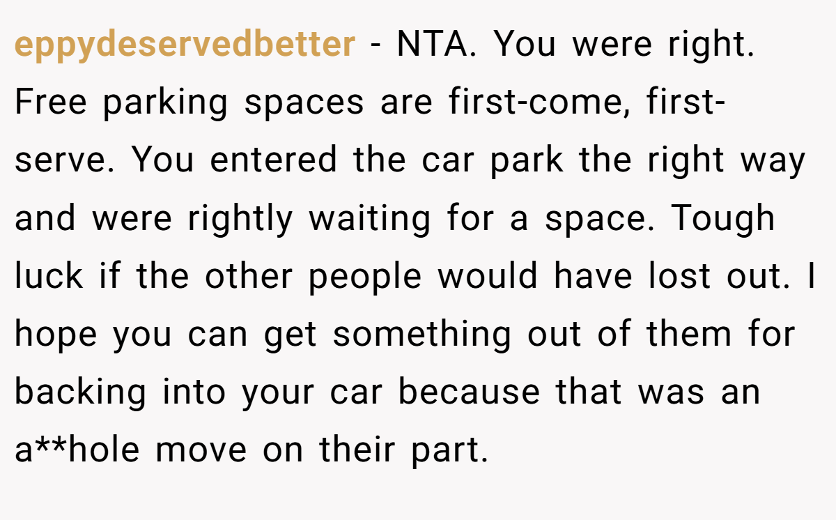 eppydeservedbetter − NTA. You were right. Free parking spaces are first-come, first-serve. You entered the car park the right way and were rightly waiting for a space. Tough luck if the other people would have lost out. I hope you can get something out of them for backing into your car because that was an a**hole move on their part.