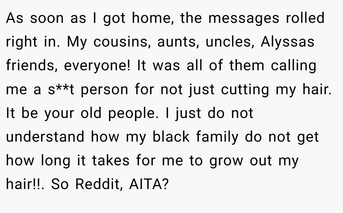 As soon as I got home, the messages rolled right in. My cousins, aunts, uncles, Alyssas friends, everyone! It was all of them calling me a s**t person for not just cutting my hair. It be your old people. I just do not understand how my black family do not get how long it takes for me to grow out my hair!!. So Reddit, AITA?