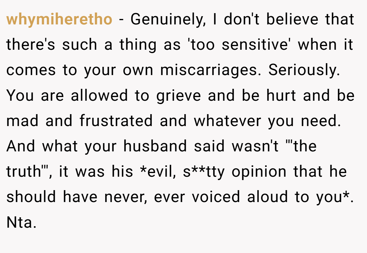 whymiheretho − Genuinely, I don't believe that there's such a thing as 'too sensitive' when it comes to your own miscarriages. Seriously. You are allowed to grieve and be hurt and be mad and frustrated and whatever you need. And what your husband said wasn't '''the truth''', it was his *evil, s**tty opinion that he should have never, ever voiced aloud to you*. Nta.