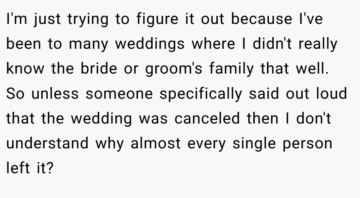 I'm just trying to figure it out because I've been to many weddings where I didn't really know the bride or groom's family that well. So unless someone specifically said out loud that the wedding was canceled then I don't understand why almost every single person left it?
