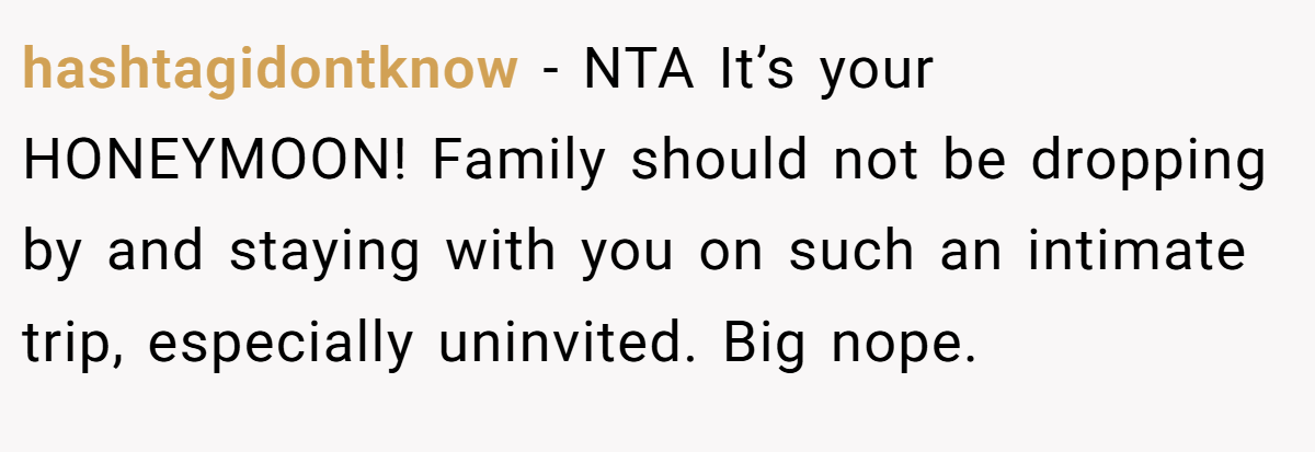hashtagidontknow - NTA It’s your HONEYMOON! Family should not be dropping by and staying with you on such an intimate trip, especially uninvited. Big nope.