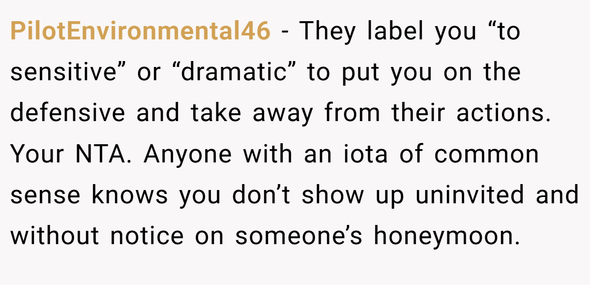 PilotEnvironmental46 - They label you “to sensitive” or “dramatic” to put you on the defensive and take away from their actions. Your NTA. Anyone with an iota of common sense knows you don’t show up uninvited and without notice on someone’s honeymoon.