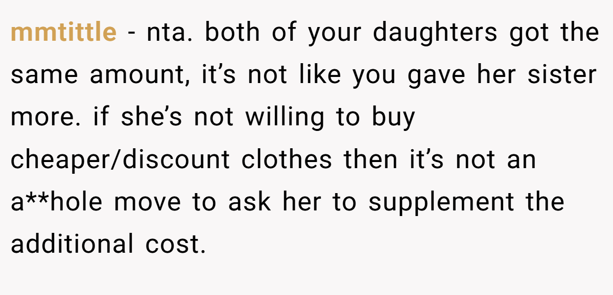 mmtittle − nta. both of your daughters got the same amount, it’s not like you gave her sister more. if she’s not willing to buy cheaper/discount clothes then it’s not an a**hole move to ask her to supplement the additional cost.