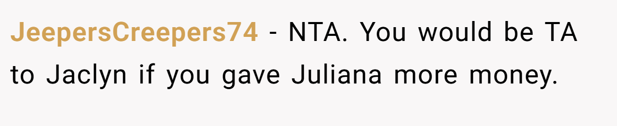 JeepersCreepers74 − NTA. You would be TA to Jaclyn if you gave Juliana more money.