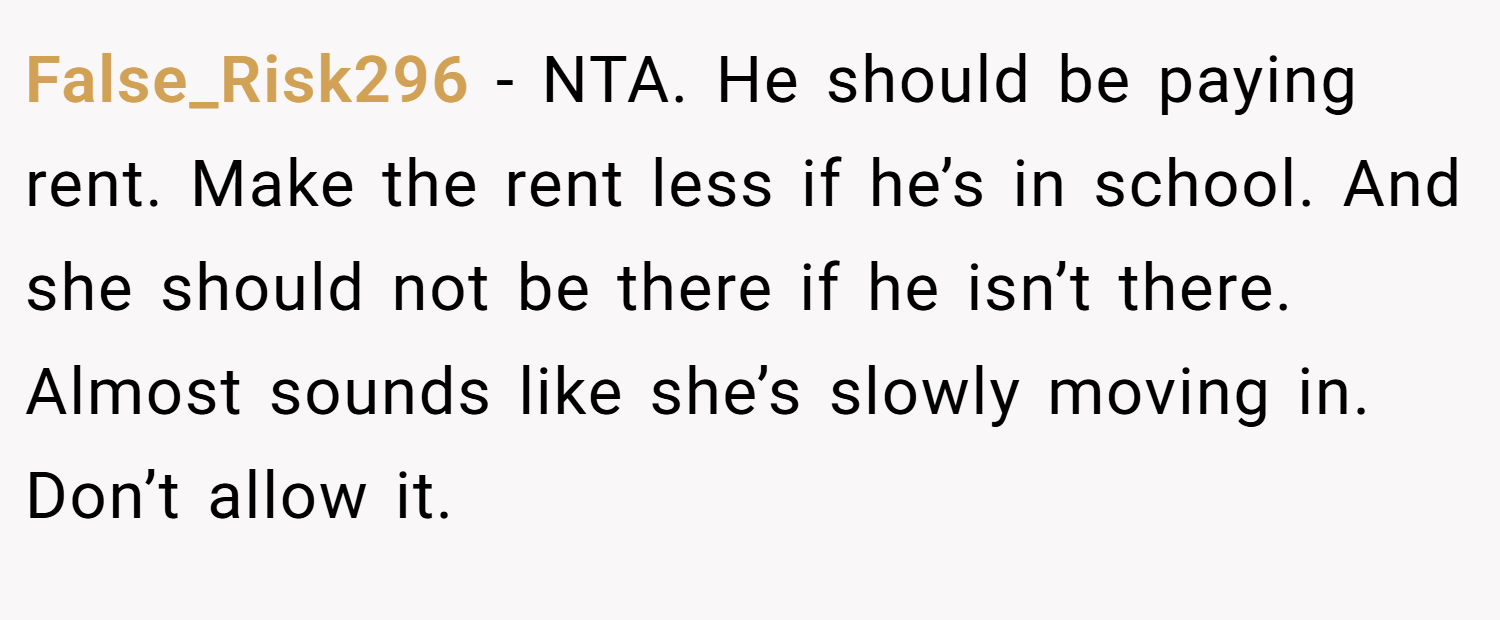 False_Risk296 − NTA. He should be paying rent. Make the rent less if he’s in school. And she should not be there if he isn’t there. Almost sounds like she’s slowly moving in. Don’t allow it.