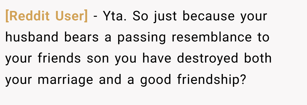 [Reddit User] − Yta. So just because your husband bears a passing resemblance to your friends son you have destroyed both your marriage and a good friendship?