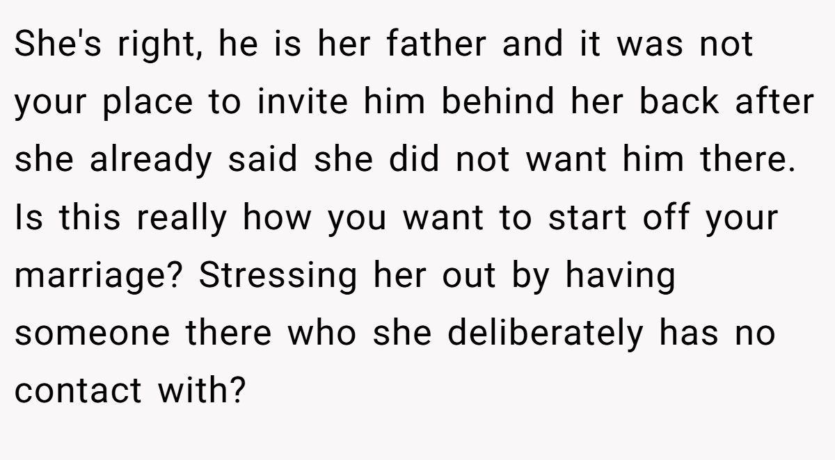 She's right, he is her father and it was not your place to invite him behind her back after she already said she did not want him there. Is this really how you want to start off your marriage? Stressing her out by having someone there who she deliberately has no contact with?