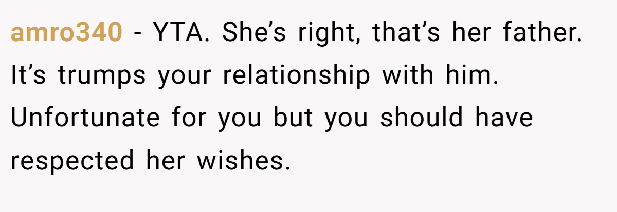 amro340 − YTA. She’s right, that’s her father. It’s trumps your relationship with him. Unfortunate for you but you should have respected her wishes.