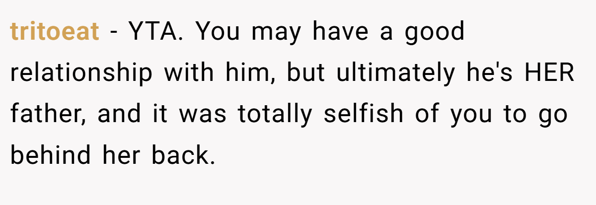 tritoeat − YTA. You may have a good relationship with him, but ultimately he's HER father, and it was totally selfish of you to go behind her back.