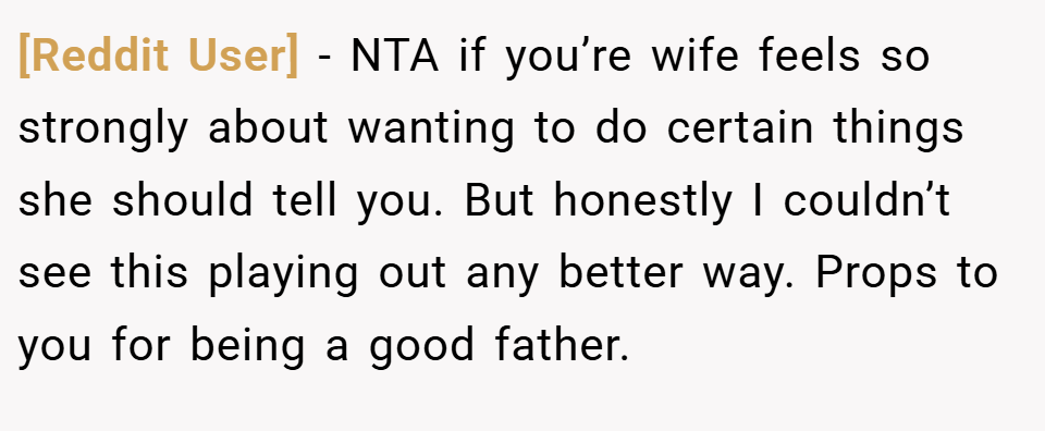 [Reddit User] − NTA if you’re wife feels so strongly about wanting to do certain things she should tell you. But honestly I couldn’t see this playing out any better way. Props to you for being a good father.