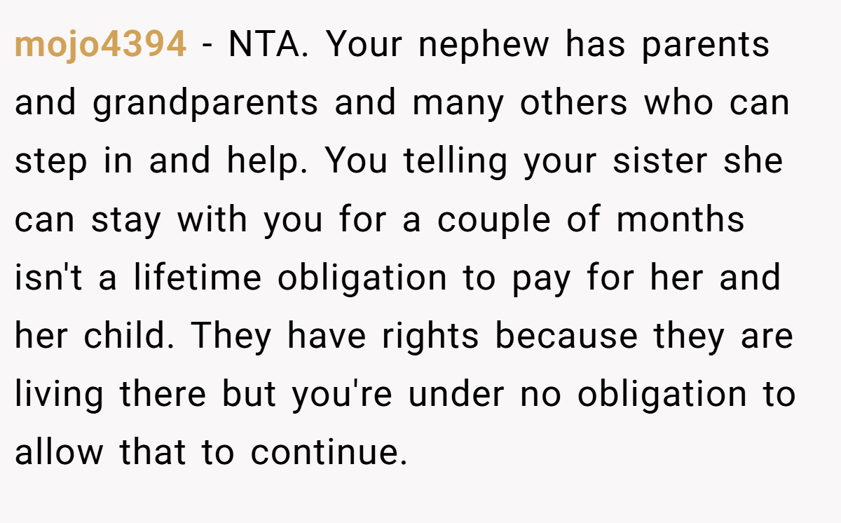 mojo4394 − NTA. Your nephew has parents and grandparents and many others who can step in and help. You telling your sister she can stay with you for a couple of months isn't a lifetime obligation to pay for her and her child. They have rights because they are living there but you're under no obligation to allow that to continue.