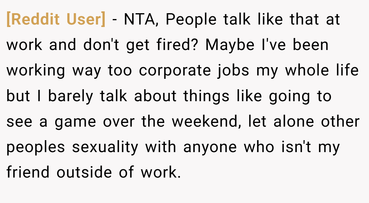 [Reddit User] − NTA, People talk like that at work and don't get fired? Maybe I've been working way too corporate jobs my whole life but I barely talk about things like going to see a game over the weekend, let alone other peoples sexuality with anyone who isn't my friend outside of work.