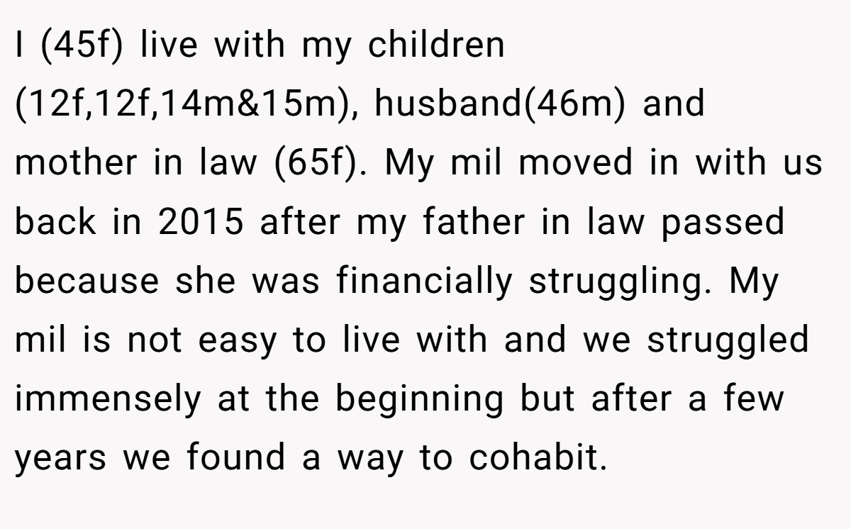 I (45f) live with my children (12f,12f,14m&15m), husband(46m) and mother in law (65f). My mil moved in with us back in 2015 after my father in law passed because she was financially struggling. My mil is not easy to live with and we struggled immensely at the beginning but after a few years we found a way to cohabit.