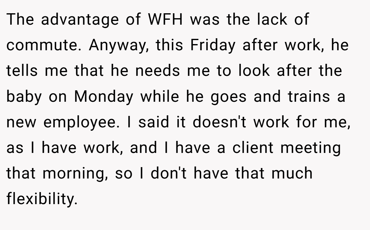 The advantage of WFH was the lack of commute. Anyway, this Friday after work, he tells me that he needs me to look after the baby on Monday while he goes and trains a new employee. I said it doesn't work for me, as I have work, and I have a client meeting that morning, so I don't have that much flexibility.