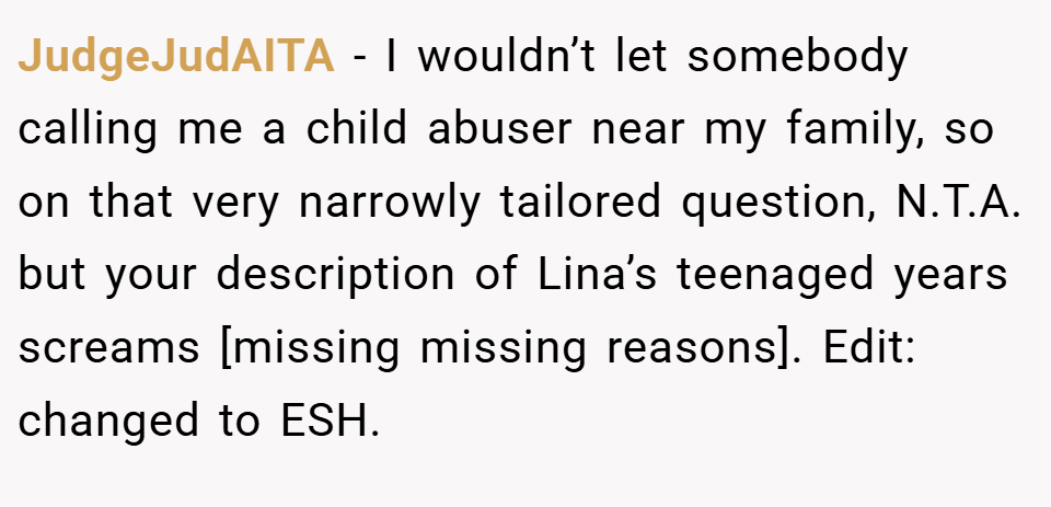 JudgeJudAITA − I wouldn’t let somebody calling me a child abuser near my family, so on that very narrowly tailored question, N.T.A. but your description of Lina’s teenaged years screams [missing missing reasons]. Edit: changed to ESH.