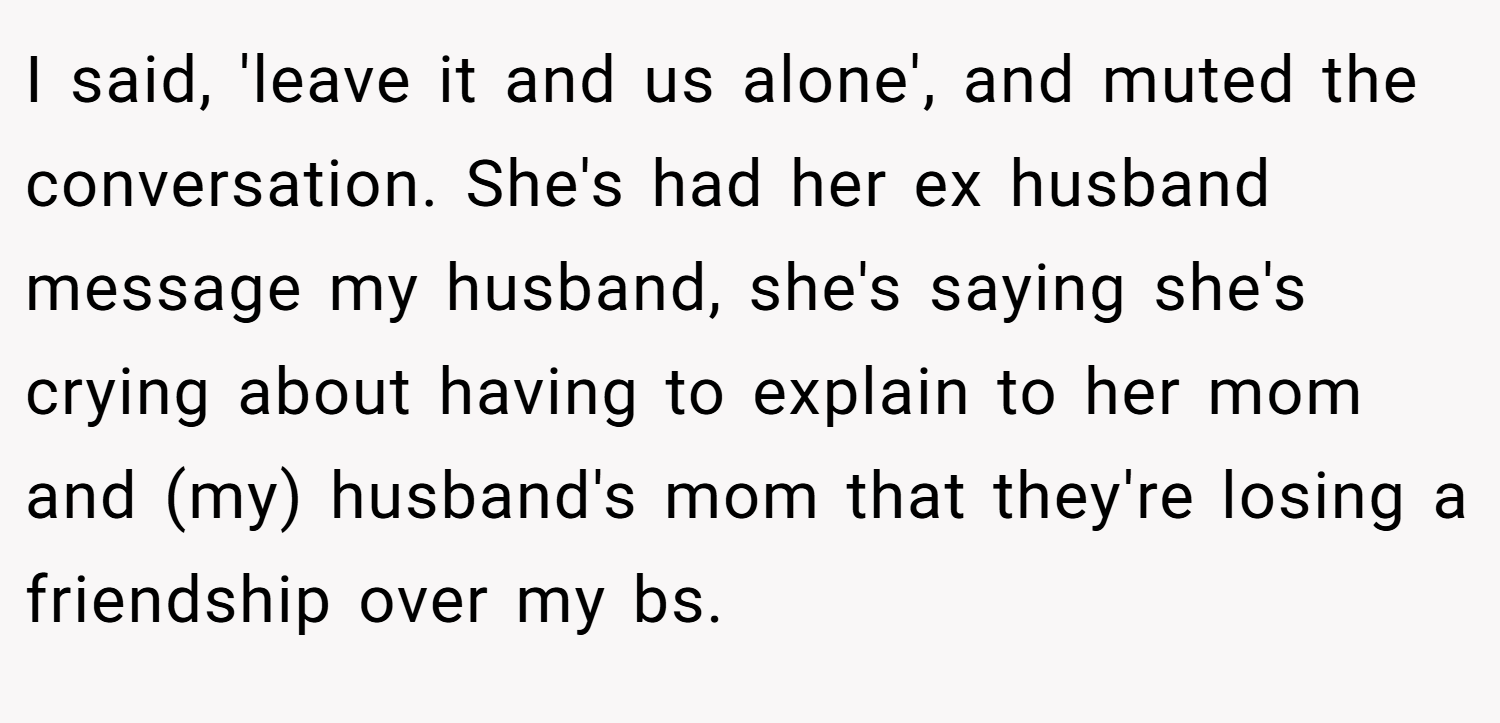 I said, 'leave it and us alone', and muted the conversation. She's had her ex husband message my husband, she's saying she's crying about having to explain to her mom and (my) husband's mom that they're losing a friendship over my bs.