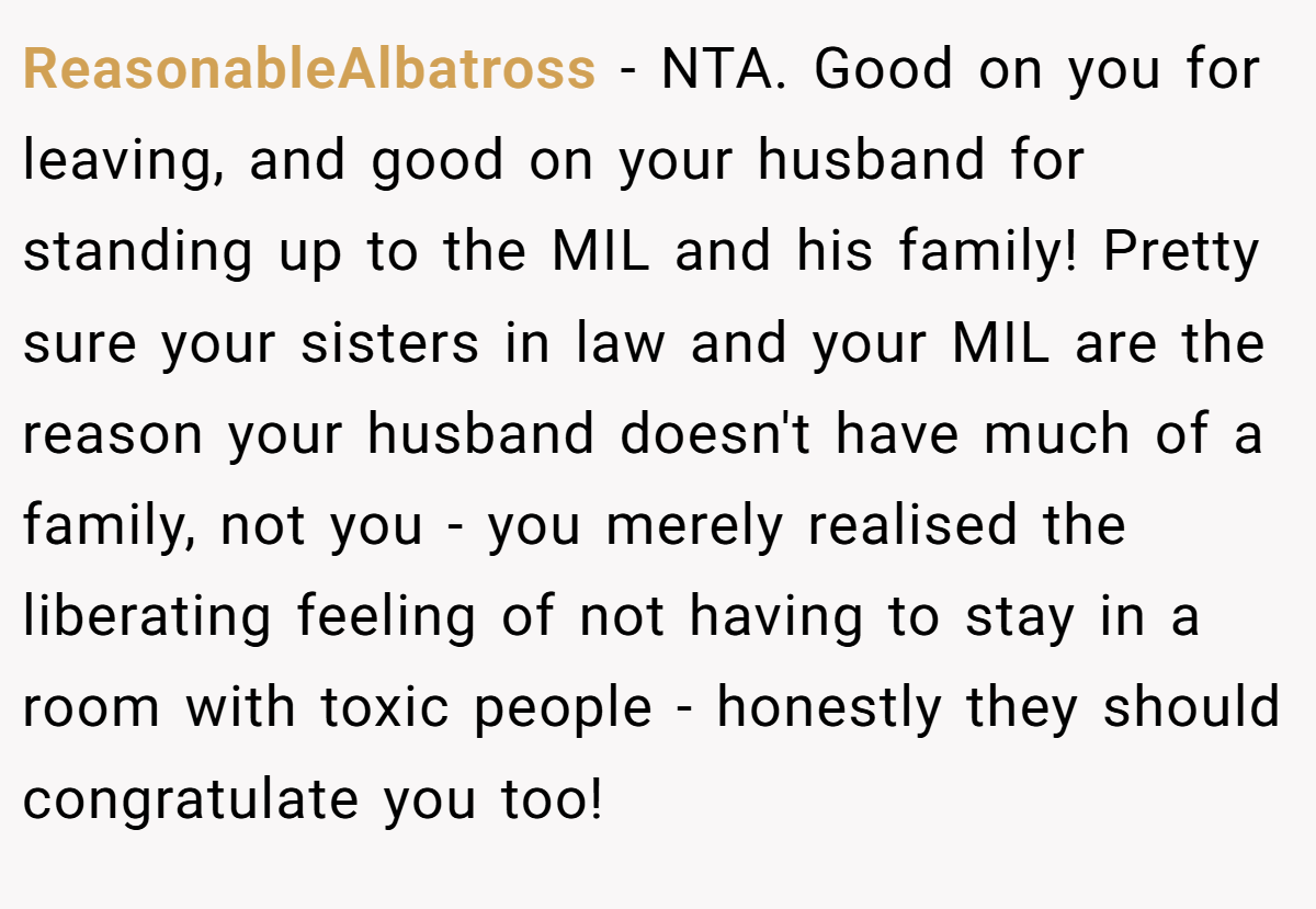 ReasonableAlbatross − NTA. Good on you for leaving, and good on your husband for standing up to the MIL and his family! Pretty sure your sisters in law and your MIL are the reason your husband doesn't have much of a family, not you - you merely realised the liberating feeling of not having to stay in a room with toxic people - honestly they should congratulate you too!
