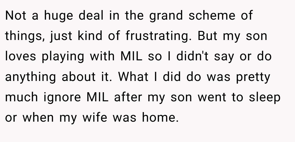 Not a huge deal in the grand scheme of things, just kind of frustrating. But my son loves playing with MIL so I didn't say or do anything about it. What I did do was pretty much ignore MIL after my son went to sleep or when my wife was home.