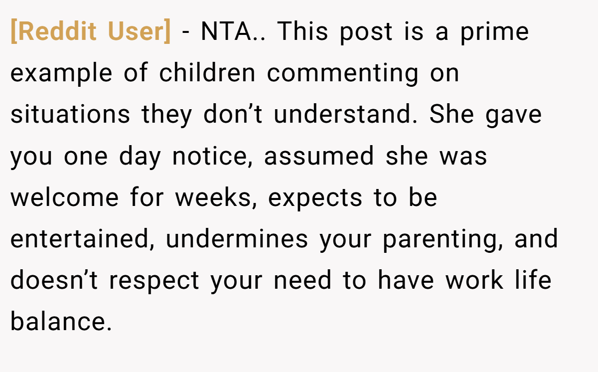 [Reddit User] − NTA.. This post is a prime example of children commenting on situations they don’t understand. She gave you one day notice, assumed she was welcome for weeks, expects to be entertained, undermines your parenting, and doesn’t respect your need to have work life balance.