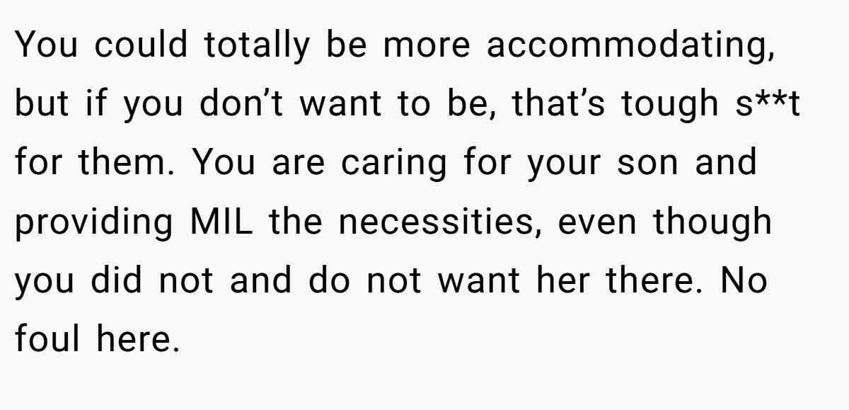 You could totally be more accommodating, but if you don’t want to be, that’s tough s**t for them. You are caring for your son and providing MIL the necessities, even though you did not and do not want her there. No foul here.