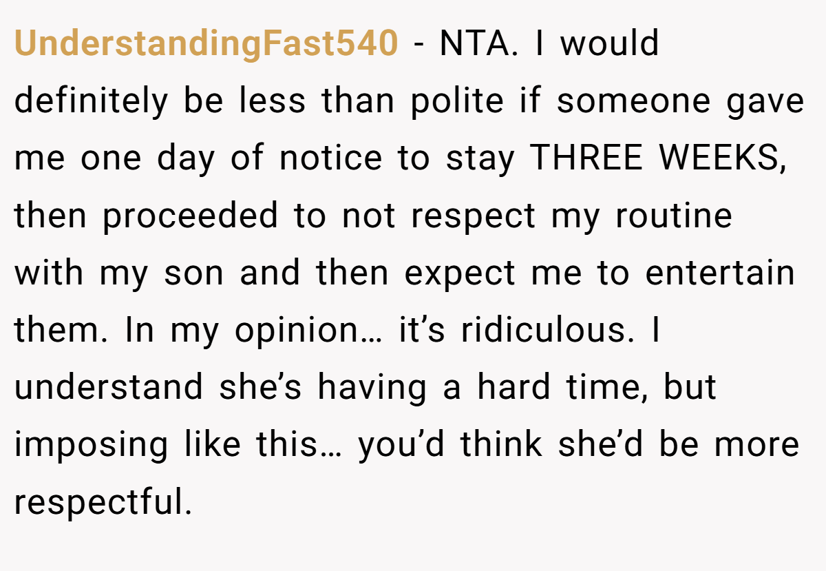 UnderstandingFast540 − NTA. I would definitely be less than polite if someone gave me one day of notice to stay THREE WEEKS, then proceeded to not respect my routine with my son and then expect me to entertain them. In my opinion… it’s ridiculous. I understand she’s having a hard time, but imposing like this… you’d think she’d be more respectful.