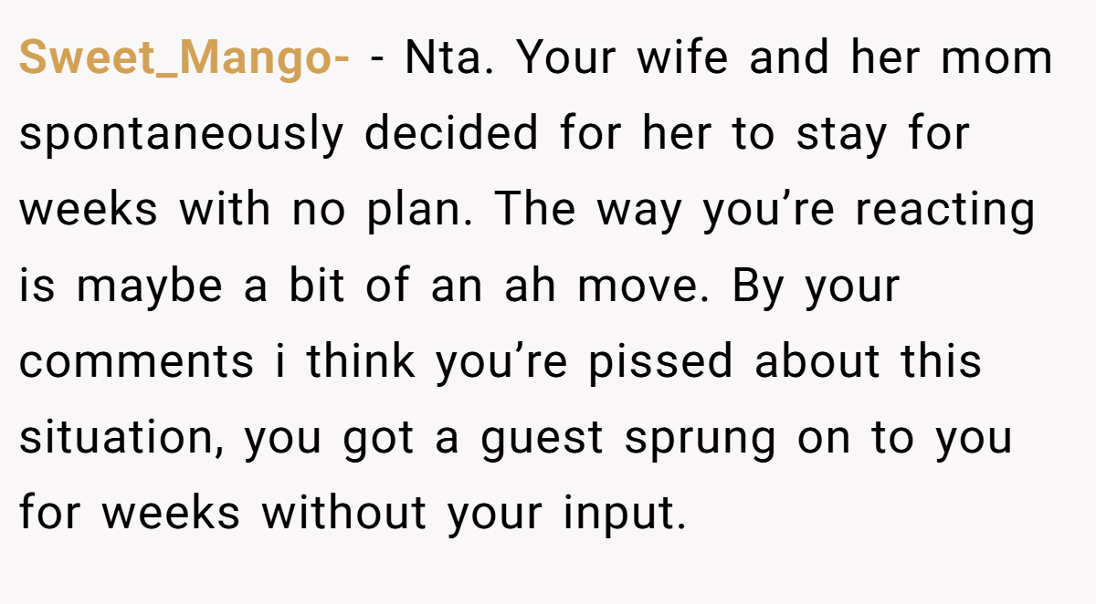 Sweet_Mango- − Nta. Your wife and her mom spontaneously decided for her to stay for weeks with no plan. The way you’re reacting is maybe a bit of an ah move. By your comments i think you’re pissed about this situation, you got a guest sprung on to you for weeks without your input.