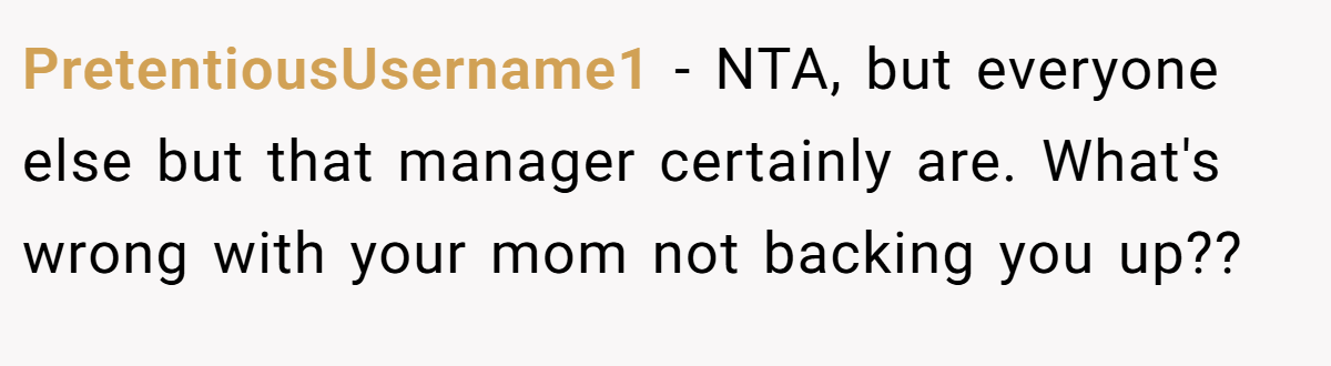 PretentiousUsername1 − NTA, but everyone else but that manager certainly are. What's wrong with your mom not backing you up??