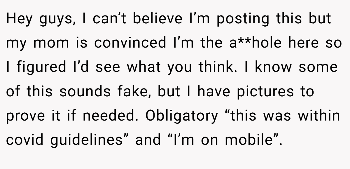 Hey guys, I can’t believe I’m posting this but my mom is convinced I’m the a**hole here so I figured I’d see what you think. I know some of this sounds fake, but I have pictures to prove it if needed. Obligatory “this was within covid guidelines” and “I’m on mobile”.