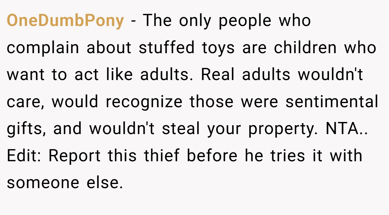 OneDumbPony - The only people who complain about stuffed toys are children who want to act like adults. Real adults wouldn't care, would recognize those were sentimental gifts, and wouldn't steal your property. NTA.. Edit: Report this thief before he tries it with someone else.