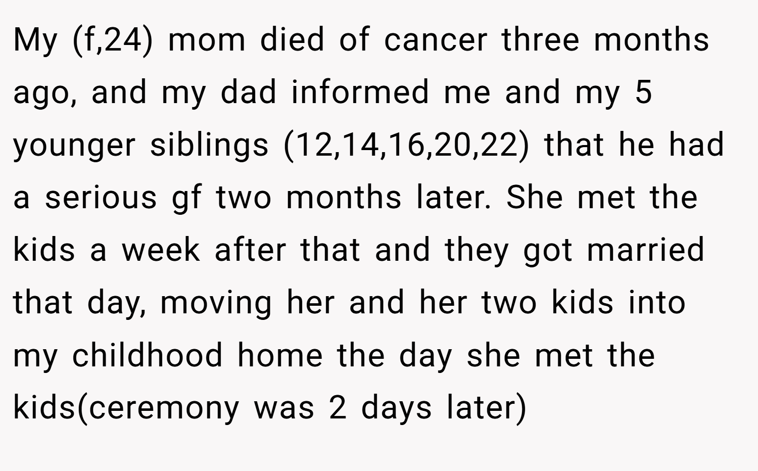 My (f,24) mom died of cancer three months ago, and my dad informed me and my 5 younger siblings (12,14,16,20,22) that he had a serious gf two months later. She met the kids a week after that and they got married that day, moving her and her two kids into my childhood home the day she met the kids(ceremony was 2 days later)