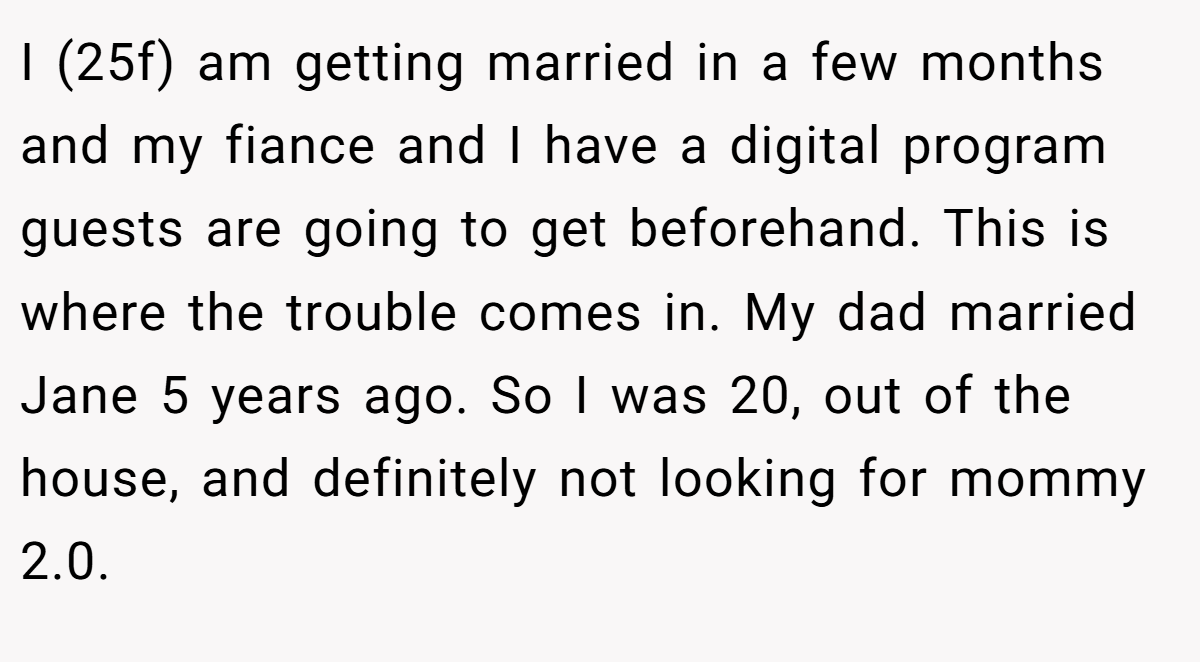 I (25f) am getting married in a few months and my fiance and I have a digital program guests are going to get beforehand. This is where the trouble comes in. My dad married Jane 5 years ago. So I was 20, out of the house, and definitely not looking for mommy 2.0.