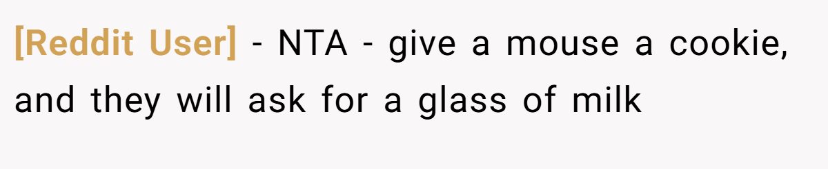 [Reddit User] − NTA - give a mouse a cookie, and they will ask for a glass of milk