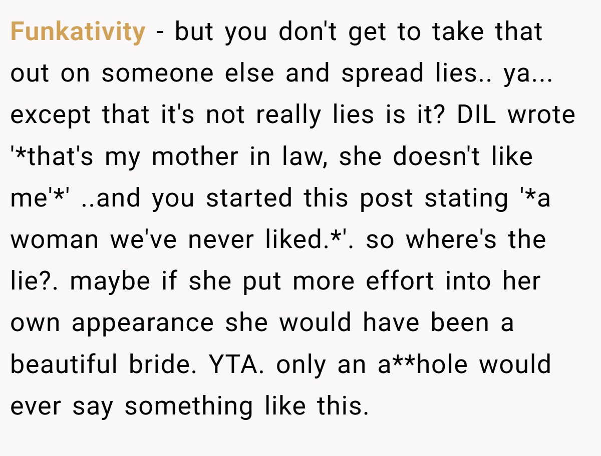 Funkativity − but you don't get to take that out on someone else and spread lies.. ya... except that it's not really lies is it? DIL wrote '*that's my mother in law, she doesn't like me'*' ..and you started this post stating '*a woman we've never liked.*'. so where's the lie?. maybe if she put more effort into her own appearance she would have been a beautiful bride. YTA. only an a**hole would ever say something like this.