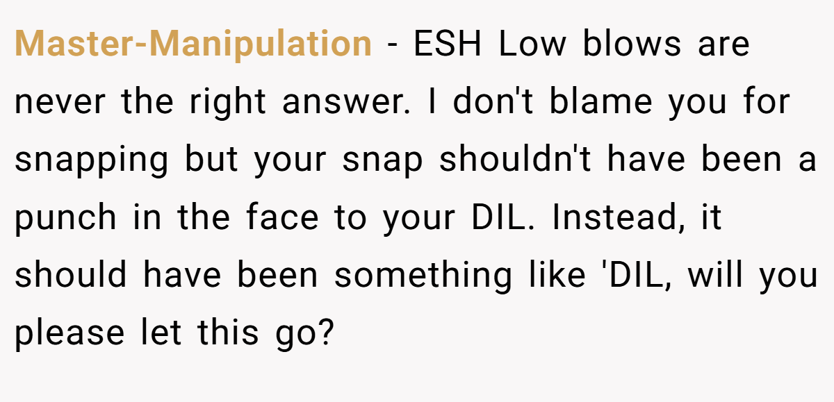 Master-Manipulation − ESH Low blows are never the right answer. I don't blame you for snapping but your snap shouldn't have been a punch in the face to your DIL. Instead, it should have been something like 'DIL, will you please let this go?