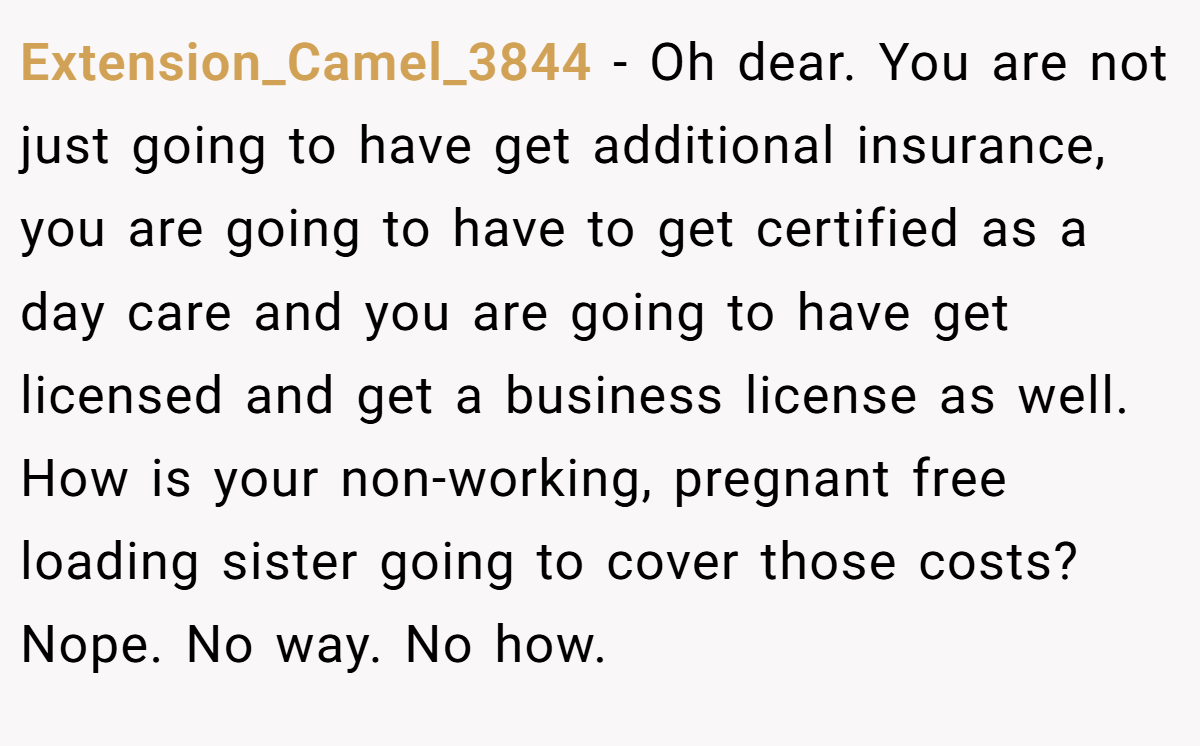 Extension_Camel_3844 − Oh dear. You are not just going to have get additional insurance, you are going to have to get certified as a day care and you are going to have get licensed and get a business license as well. How is your non-working, pregnant free loading sister going to cover those costs? Nope. No way. No how.