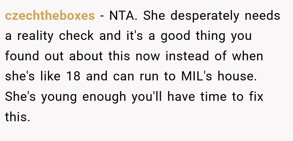 czechtheboxes − NTA. She desperately needs a reality check and it's a good thing you found out about this now instead of when she's like 18 and can run to MIL's house. She's young enough you'll have time to fix this.