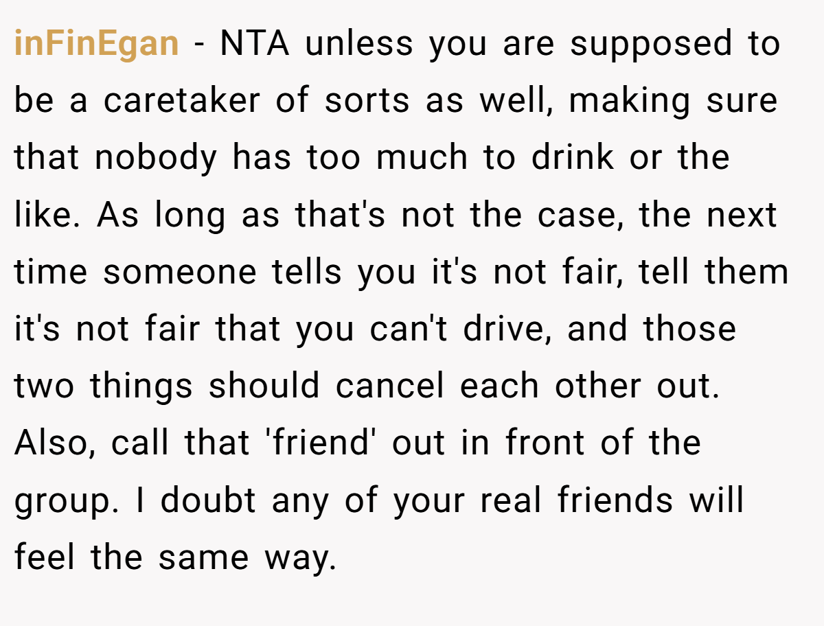 inFinEgan - NTA unless you are supposed to be a caretaker of sorts as well, making sure that nobody has too much to drink or the like. As long as that's not the case, the next time someone tells you it's not fair, tell them it's not fair that you can't drive, and those two things should cancel each other out. Also, call that 'friend' out in front of the group. I doubt any of your real friends will feel the same way.