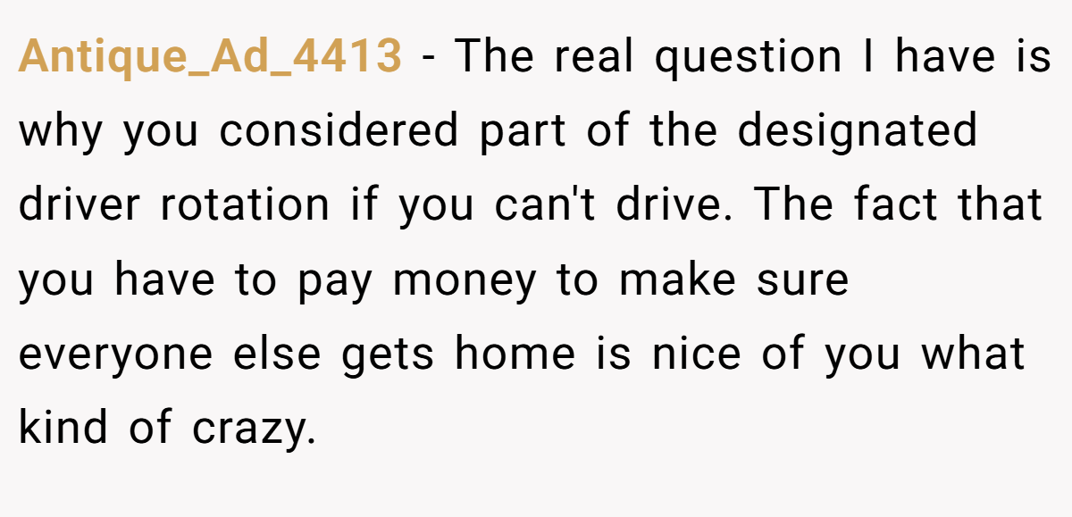 Antique_Ad_4413 - The real question I have is why you considered part of the designated driver rotation if you can't drive. The fact that you have to pay money to make sure everyone else gets home is nice of you what kind of crazy.