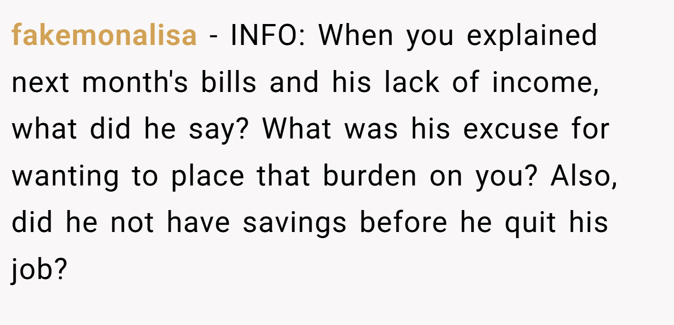 fakemonalisa - INFO: When you explained next month's bills and his lack of income, what did he say? What was his excuse for wanting to place that burden on you? Also, did he not have savings before he quit his job?
