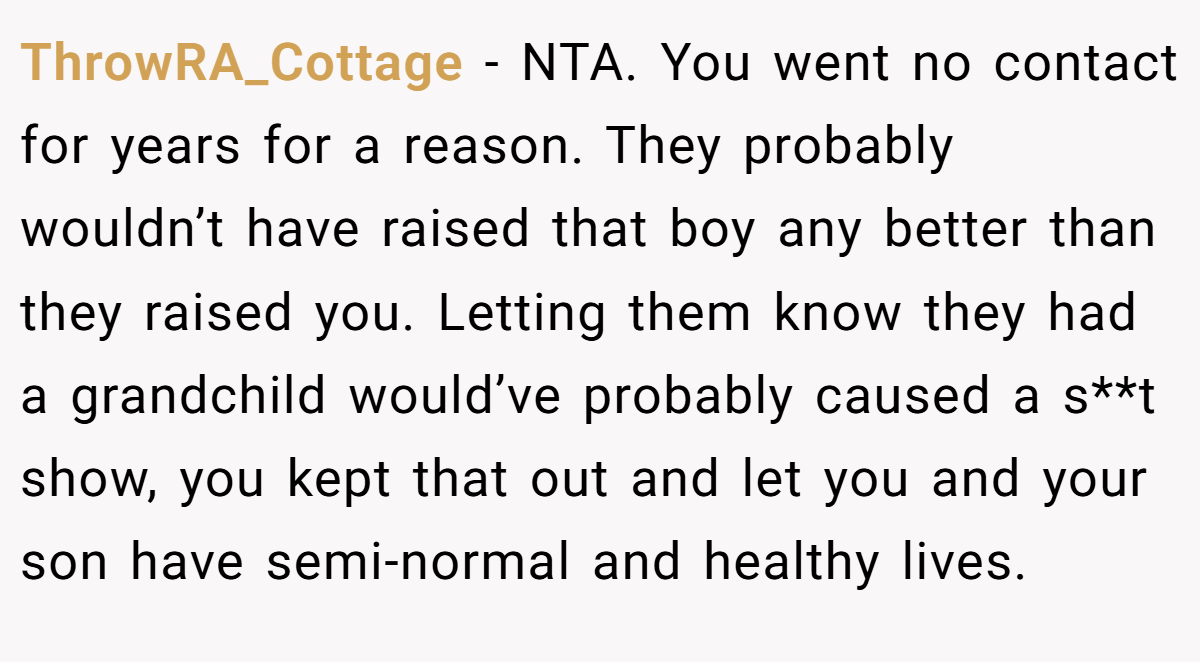 ThrowRA_Cottage − NTA. You went no contact for years for a reason. They probably wouldn’t have raised that boy any better than they raised you. Letting them know they had a grandchild would’ve probably caused a s**t show, you kept that out and let you and your son have semi-normal and healthy lives.
