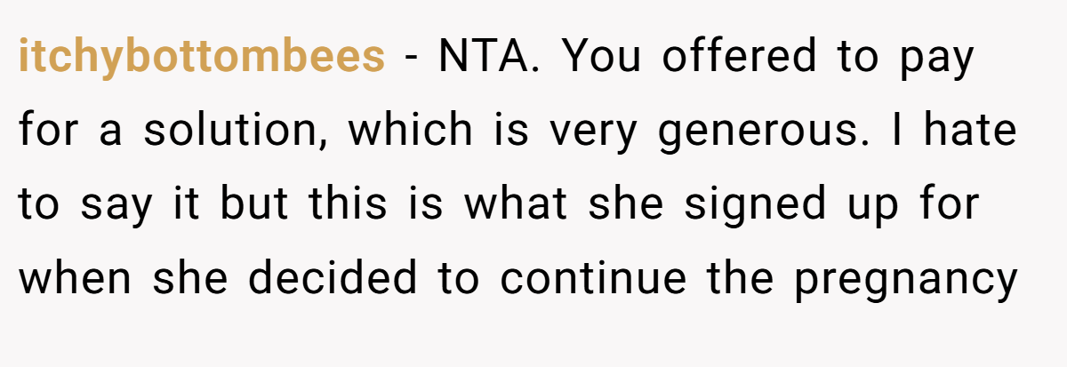 itchybottombees − NTA. You offered to pay for a solution, which is very generous. I hate to say it but this is what she signed up for when she decided to continue the pregnancy