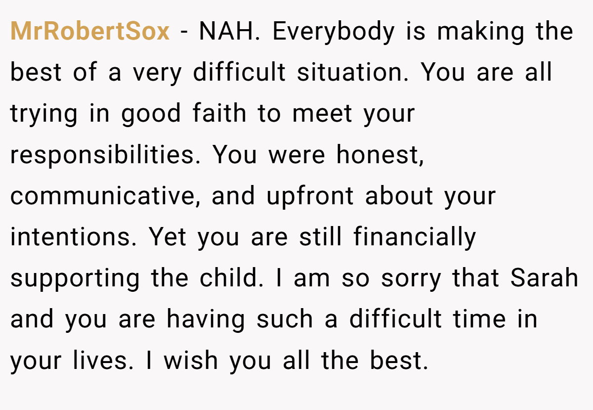 MrRobertSox − NAH. Everybody is making the best of a very difficult situation. You are all trying in good faith to meet your responsibilities. You were honest, communicative, and upfront about your intentions. Yet you are still financially supporting the child. I am so sorry that Sarah and you are having such a difficult time in your lives. I wish you all the best.