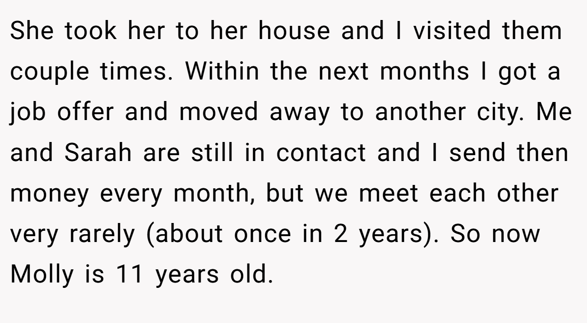 She took her to her house and I visited them couple times. Within the next months I got a job offer and moved away to another city. Me and Sarah are still in contact and I send then money every month, but we meet each other very rarely (about once in 2 years). So now Molly is 11 years old.