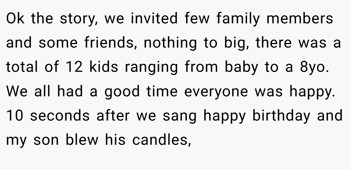 Ok the story, we invited few family members and some friends, nothing to big, there was a total of 12 kids ranging from baby to a 8yo. We all had a good time everyone was happy. 10 seconds after we sang happy birthday and my son blew his candles,