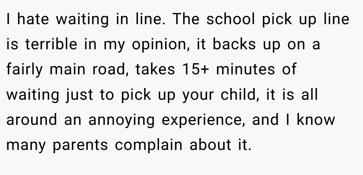 I hate waiting in line. The school pick up line is terrible in my opinion, it backs up on a fairly main road, takes 15+ minutes of waiting just to pick up your child, it is all around an annoying experience, and I know many parents complain about it.