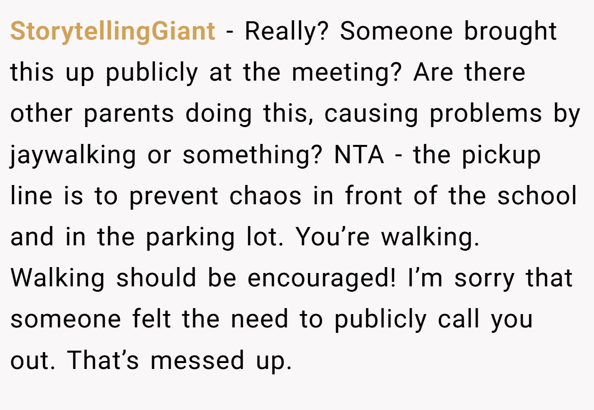 StorytellingGiant − Really? Someone brought this up publicly at the meeting? Are there other parents doing this, causing problems by jaywalking or something? NTA - the pickup line is to prevent chaos in front of the school and in the parking lot. You’re walking. Walking should be encouraged! I’m sorry that someone felt the need to publicly call you out. That’s messed up.