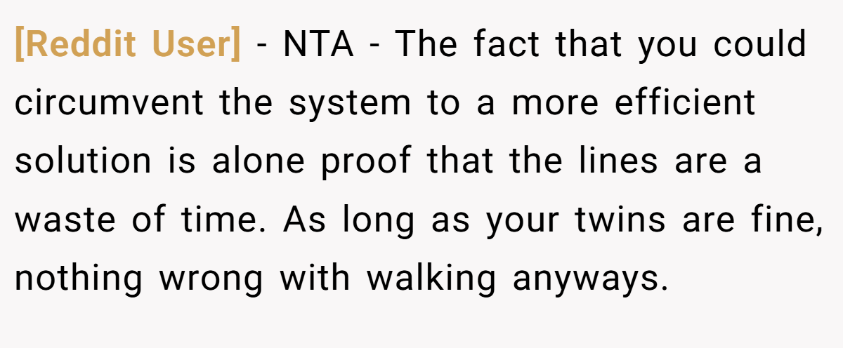 [Reddit User] − NTA - The fact that you could circumvent the system to a more efficient solution is alone proof that the lines are a waste of time. As long as your twins are fine, nothing wrong with walking anyways.