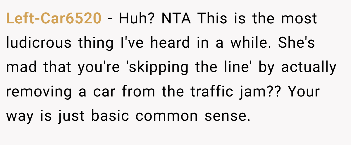 Left-Car6520 − Huh? NTA This is the most ludicrous thing I've heard in a while. She's mad that you're 'skipping the line' by actually removing a car from the traffic jam?? Your way is just basic common sense.