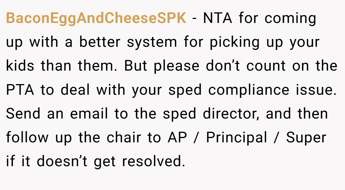 BaconEggAndCheeseSPK − NTA for coming up with a better system for picking up your kids than them. But please don’t count on the PTA to deal with your sped compliance issue. Send an email to the sped director, and then follow up the chair to AP / Principal / Super if it doesn’t get resolved.